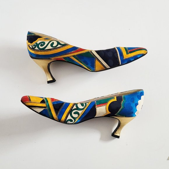 Stuart Weitzman Vintage 80s 90s Pattern with Golden Heels - Size 7.5 - Picture 5 of 12
